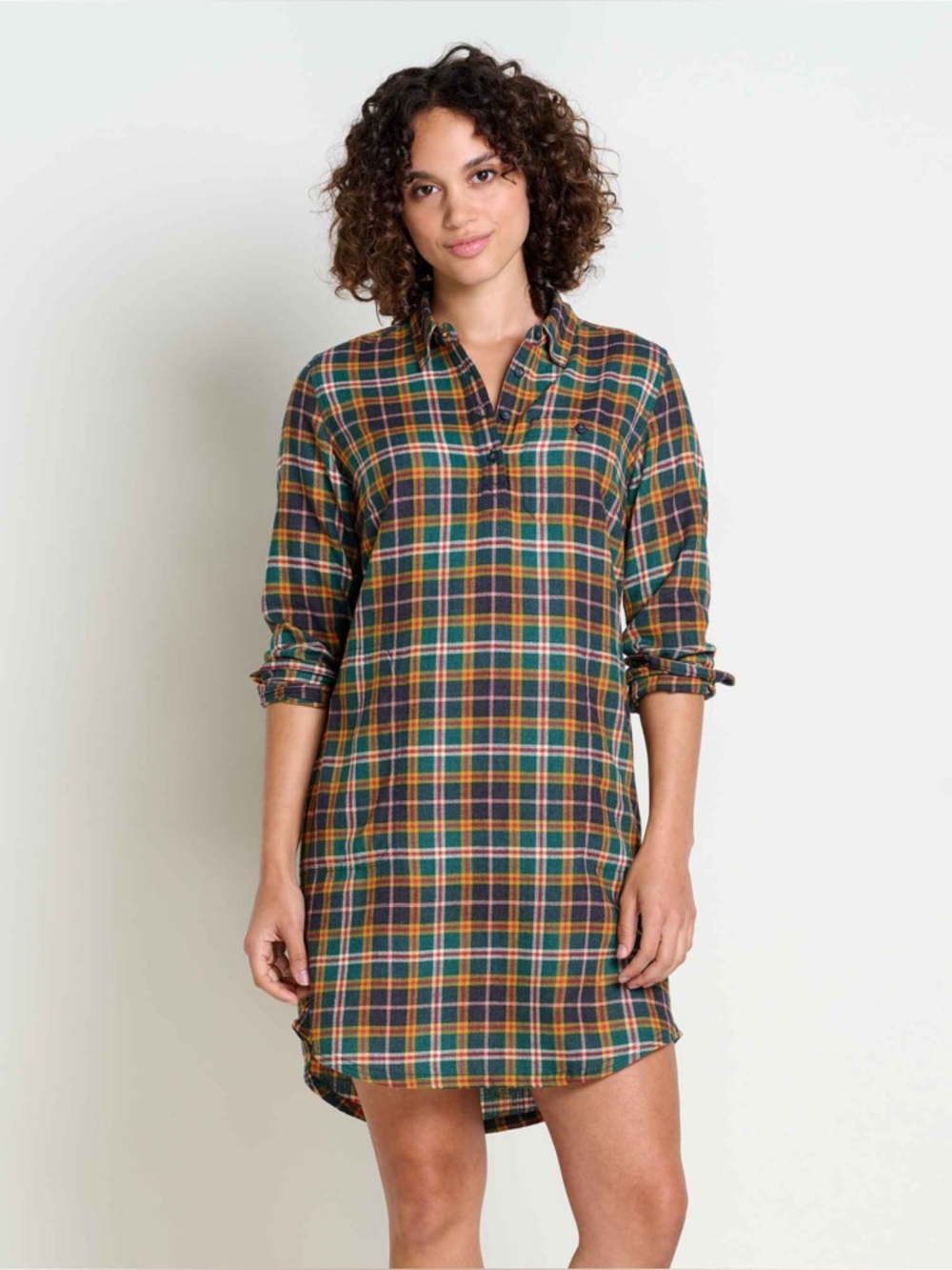 Toad&Co Re-Form Popover Plaid Shirt Dress Green Tartan Size Large NWT